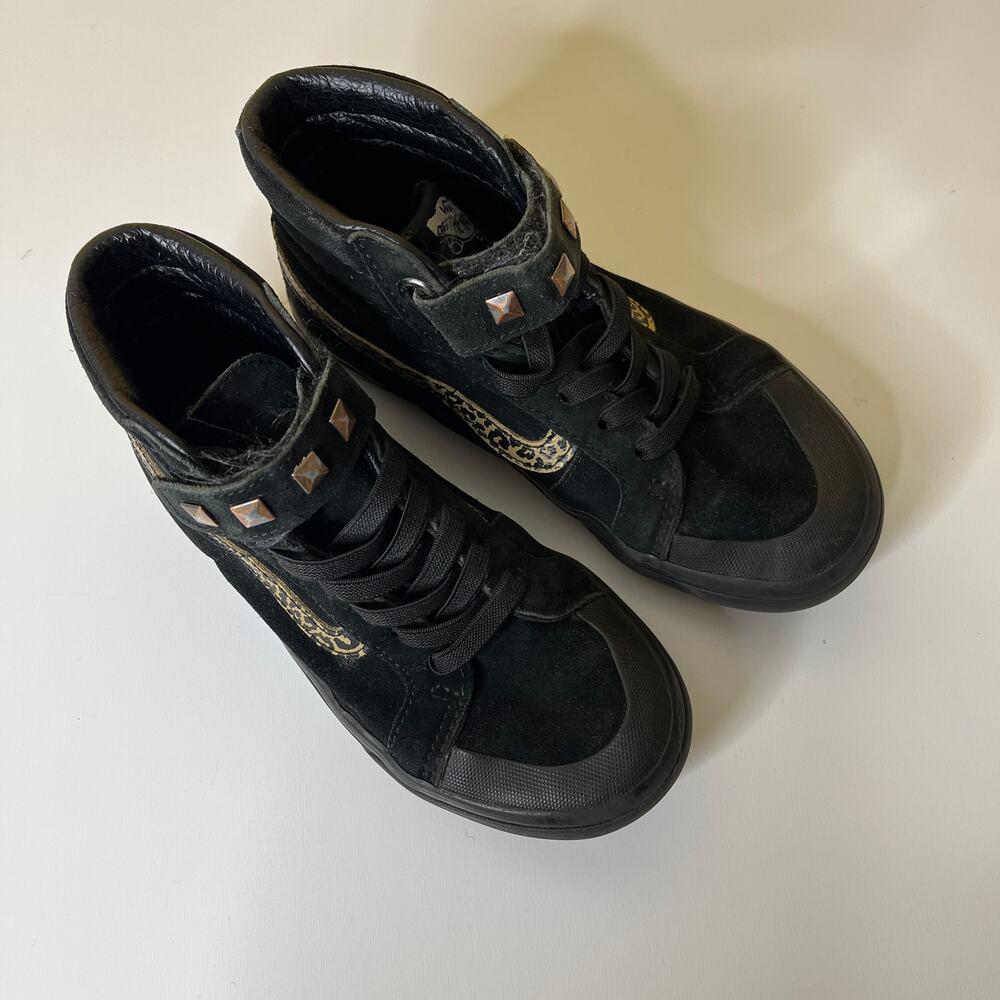 Vans SK8 Hi-Top‎ Skate Shoes Sneakers Kids Boys 13.5 Black Suede Studded Leopard - Picture 2 of 7